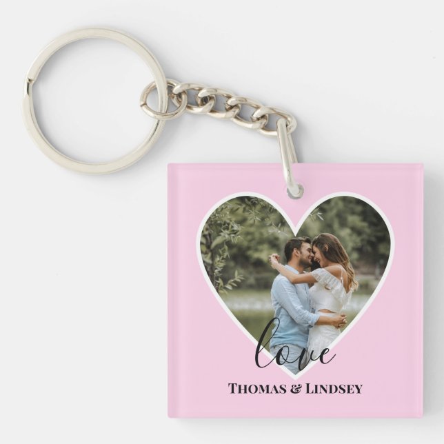 Custom Photo Pink Heart Frame Modern Calligraphy Key Ring (Front)