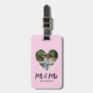 Custom Photo Pink Heart Frame Modern Calligraphy Luggage Tag