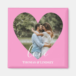 Custom Photo Pink Heart Frame Modern Calligraphy Magnet