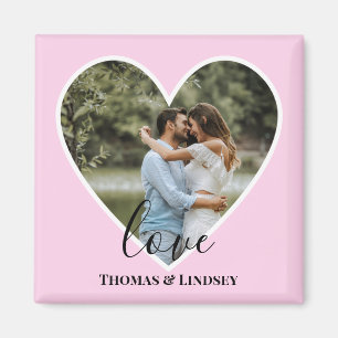 Custom Photo Pink Heart Frame Modern Calligraphy Magnet