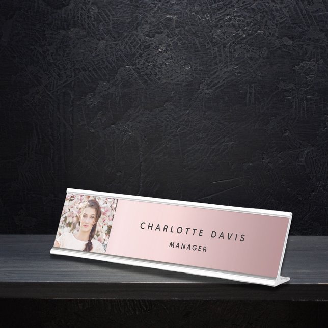 Custom photo pink metal monogram modern desk name plate (Creator Uploaded)