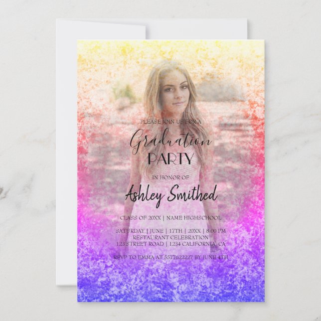 Custom Photo Pink Purple Holography Graduation Invitation (Front)