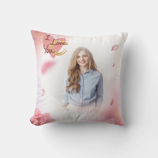 Custom Photo- Pink Rose- I Love You Cushion (Front)