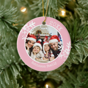 Custom Photo Pink Snowflake Ceramic Tree Decoration