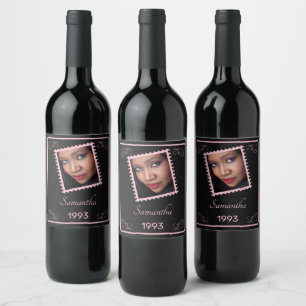 Custom Photo Pink Stamp Birthday Wine Label