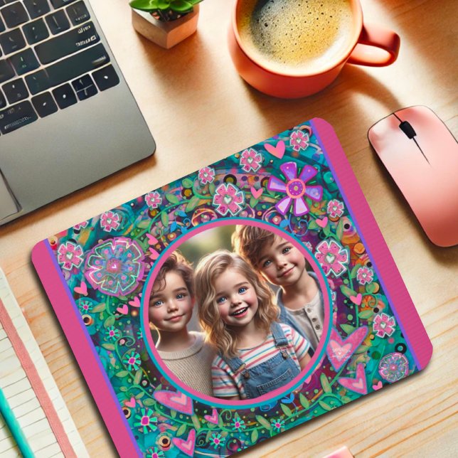 Custom Photo Pink Teal Fun Colourful Heart Floral  Mouse Mat (Creator Uploaded)