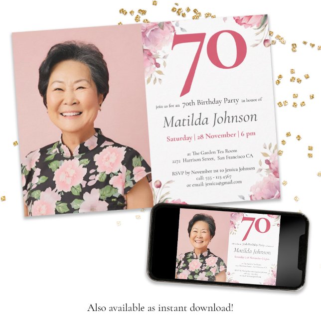 Custom Photo Pink Watercolor Floral 70th Birthday  Invitation (Custom Photo 70th Birthday Pink Watercolor Floral Invitation)