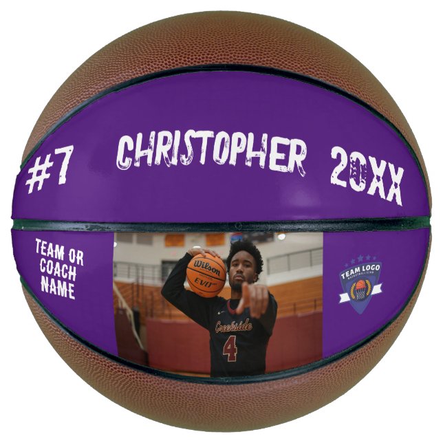 Custom photo player name number team logo purple basketball (Front)