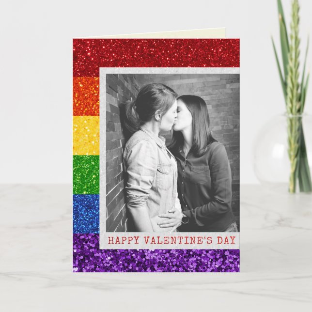 Custom Photo Pride Themed Glitter Valentine Card (Front)