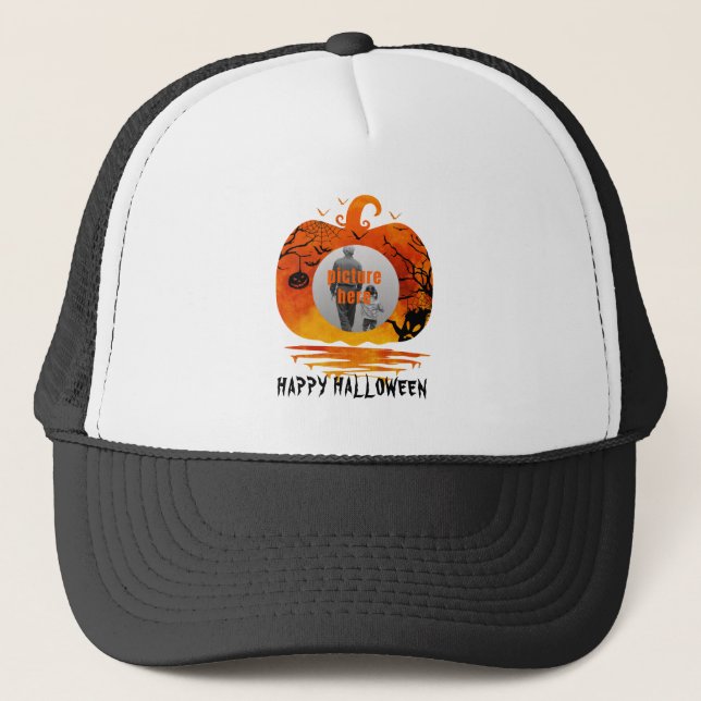 CUSTOM PHOTO PUMPKIN HALLOWEEN GIFTS TRUCKER HAT (Front)
