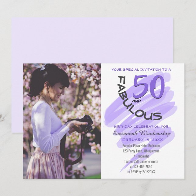 Custom Photo Purple "50 and Fabulous" Party Invitation (Front/Back)