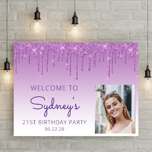 Custom Photo Purple Glitter 21st Birthday Welcome Poster