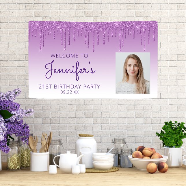 Custom Photo Purple Glitter Drip 21st Birthday Banner (Creator Uploaded)