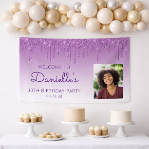 Custom Photo Purple Glitter Drip 30th Birthday Banner