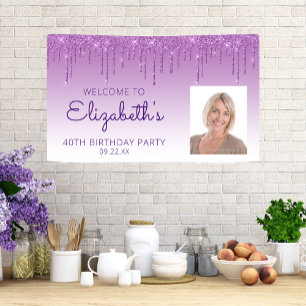 Custom Photo Purple Glitter Drip 40th Birthday Banner