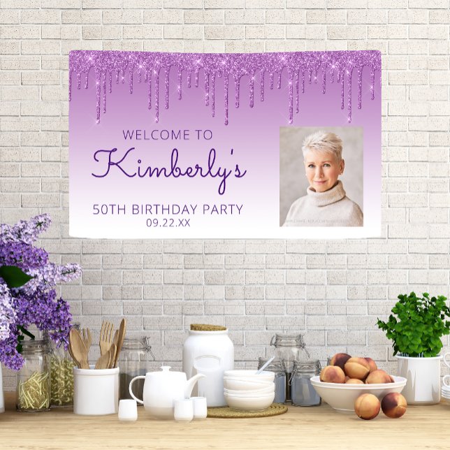 Custom Photo Purple Glitter Drip 50th Birthday Banner (Creator Uploaded)