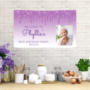 Custom Photo Purple Glitter Drip 80th Birthday Banner