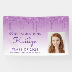 Custom Photo Purple Glitter Drip Graduation Banner