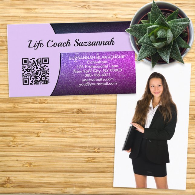 Custom Photo Purple Ombre Glitter QR Professional Business Card (Creator Uploaded)