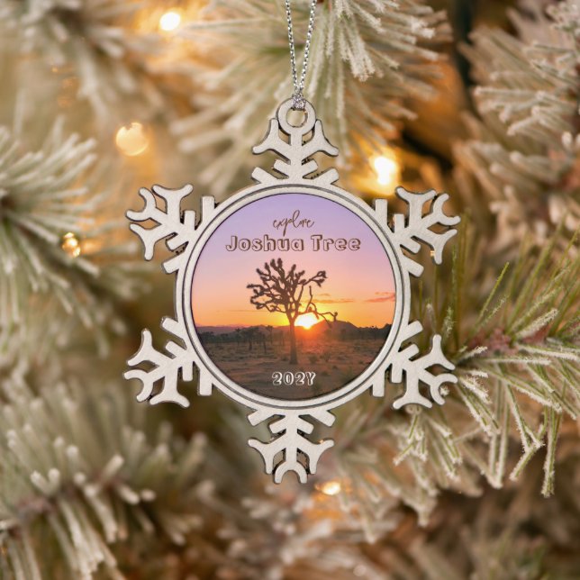 Custom Photo Purple Orange Sunset Joshua Tree Snowflake Pewter Christmas Ornament (Tree)