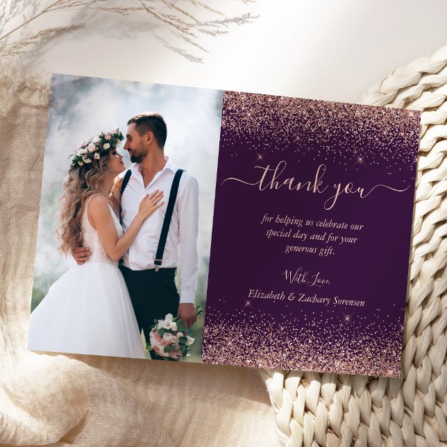 Custom Photo Purple Rose Gold Glitter Wedding Thank You Card (Creator Uploaded)
