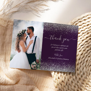 Custom Photo Purple Silver Glitter Wedding Thank You Card