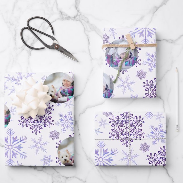 Custom Photo Purple Snowflakes Set of 3 Wrapping Paper Sheet (Front)