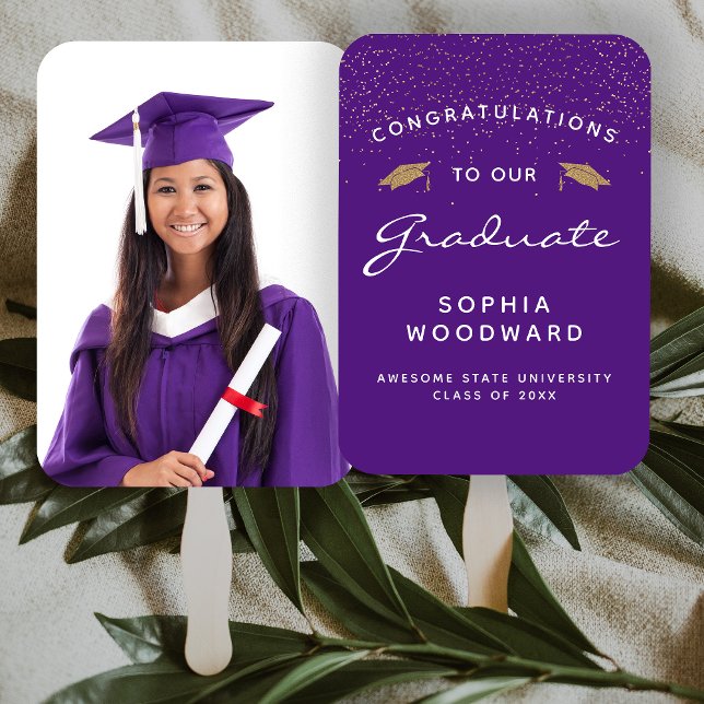 Custom Photo Purple White Gold Graduation Hand Fan (Creator Uploaded)