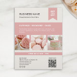 Custom Photo QR Bakery Flyer<br><div class="desc">Promote your bakery with style and sweetness! This customisable flyer is perfect for showcasing your cupcakes, macarons, cakes, and more. Add your own three photos to highlight bestsellers or signature treats, and personalise the text with your bakery name, contact info, and tagline. A dedicated section for a QR code makes...</div>