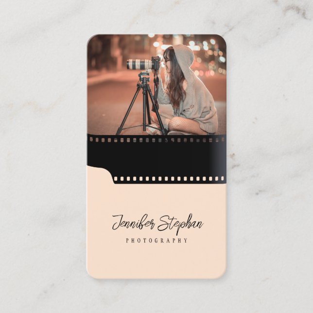 Custom Photo QR Code Film Roll Photographer Trendy Business Card (Front)
