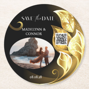Custom Photo QR Code Golden Leaf Save the Date  Round Paper Coaster