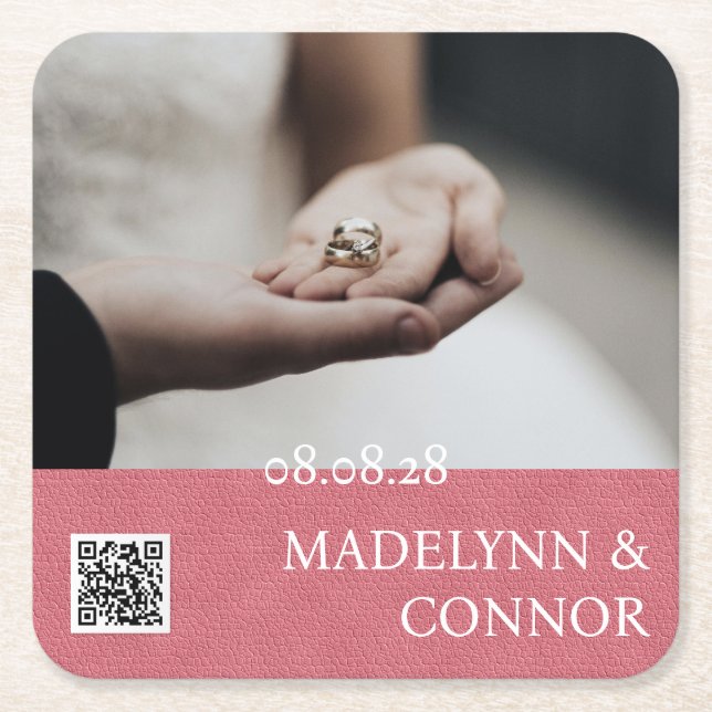 Custom Photo QR Code Pink Leather Save the Date Square Paper Coaster (Front)