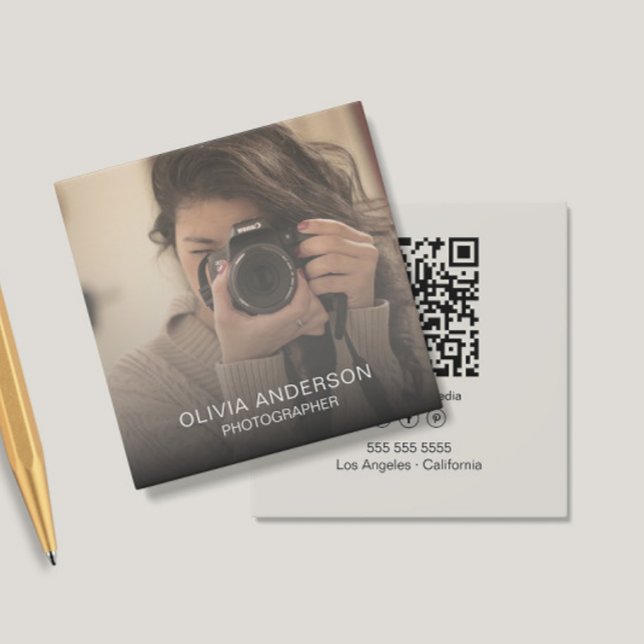 Custom Photo QR Code Social Media Photographer Square Business Card (Custom Photo QR Code Social Media Photographer Square Business Card )