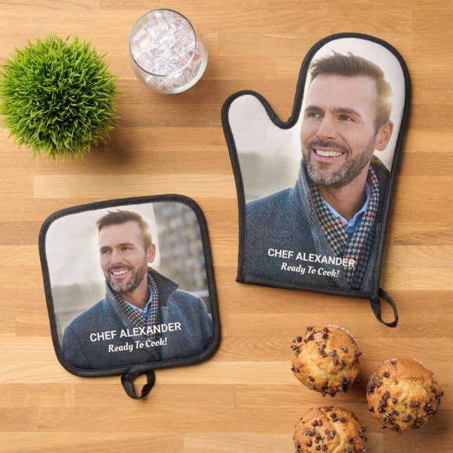 Custom Photo Ready To Cook Personalise Oven Mitt & Pot Holder Set (Top Down)