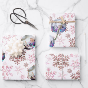 Custom Photo Red and Pink Snowflakes Set of 3 Wrapping Paper Sheet