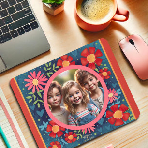 Custom Photo Red Blue Fun Colourful Floral  Mouse Mat