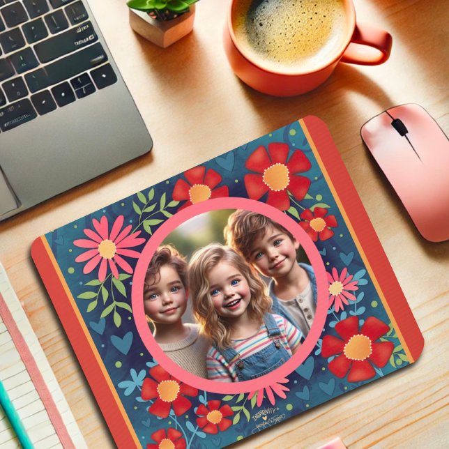 Custom Photo Red Blue Fun Colourful Floral  Mouse Mat (Creator Uploaded)