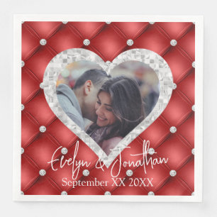 Custom Photo Red Diamonds & Silver Heart Frame  Napkin