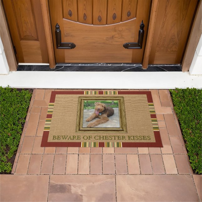 Custom Photo Red Green Ochre Mustard Stripes Doormat (Outdoor)