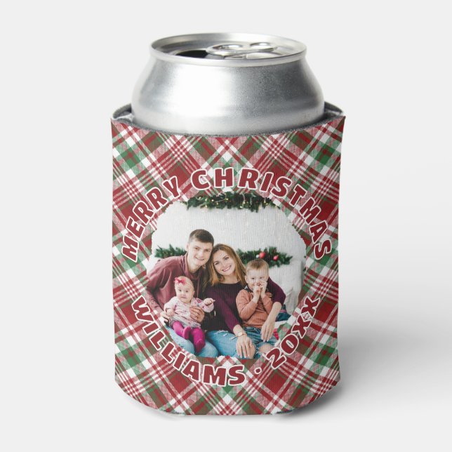 Custom Photo Red Green Tartan Plaid Christmas Can Cooler (Can Front)