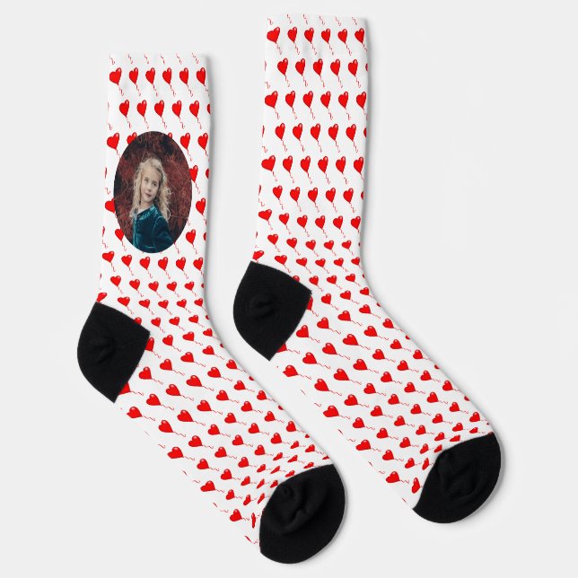 Custom Photo Red Heart Balloon Pattern White Crew Socks (Right)
