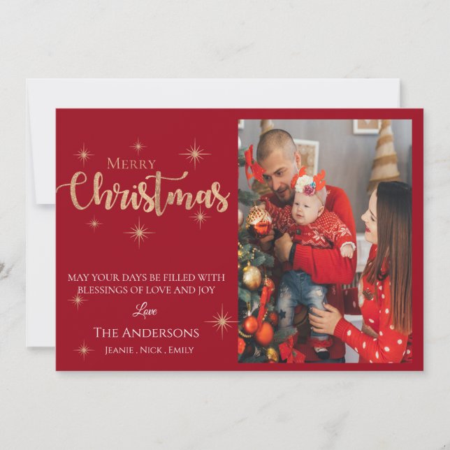 Custom Photo |Red | Merry Christmas | Holiday Card (Front)