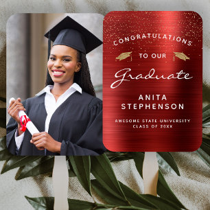 Custom Photo Red Metallic White Gold Graduation Hand Fan