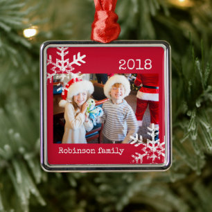 Custom Photo Red Ornament with Snowflakes