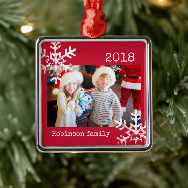 Custom Photo Red Ornament with Snowflakes (Tree)