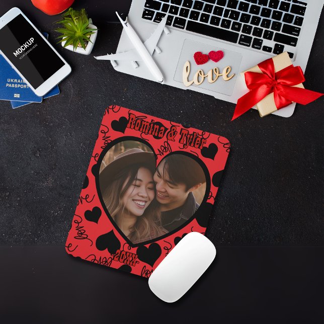 Custom Photo  | Red Pattern with Personalise names Mouse Mat (Custom Photo | Red Pattern with Personalize names Mouse Pad)