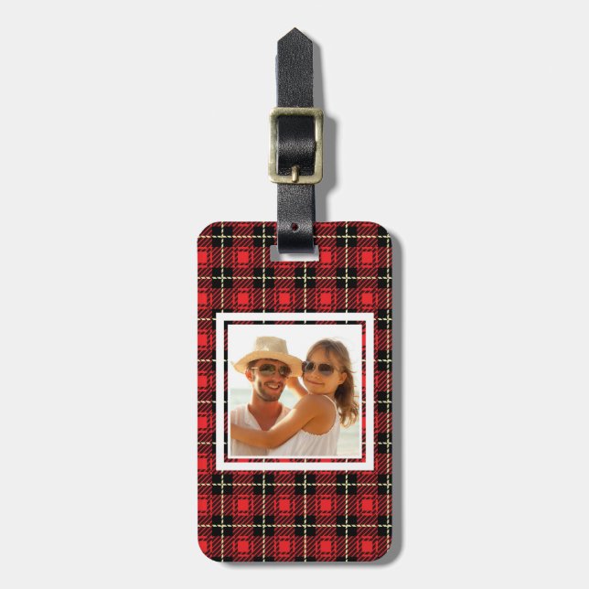 Custom Photo Red Plaid Background Luggage Tag (Front Vertical)