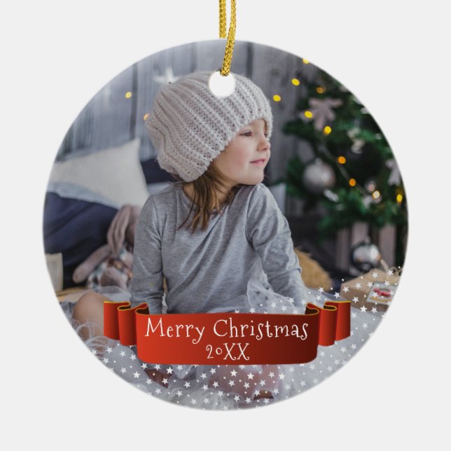 Custom Photo Red Ribbon Christmas Holiday Keepsake Ceramic Tree Decoration (Front)