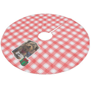 Custom Photo Red & White Country Farmhouse Plaid Fleece Tree Skirt