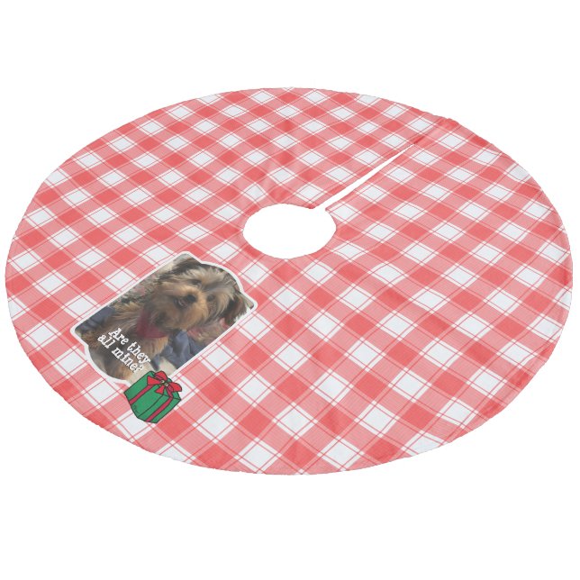 Custom Photo Red & White Country Farmhouse Plaid Fleece Tree Skirt (Angled)